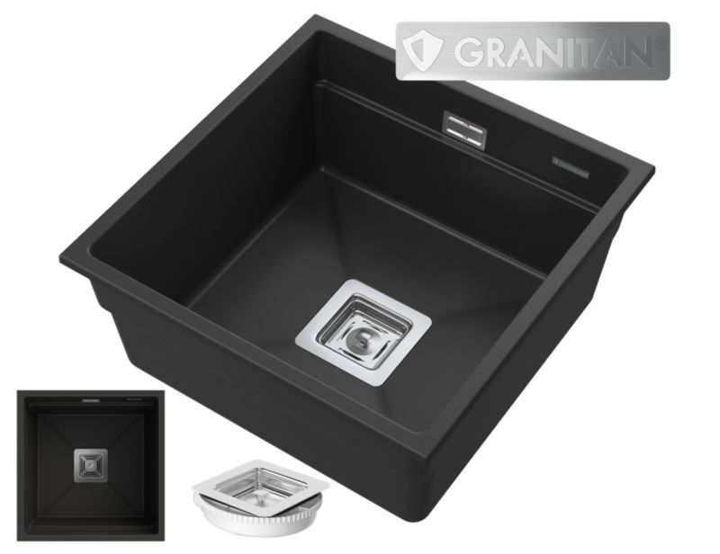 Zlewozmywak Podwieszany Granitowy Granitan Epir44 Czarny Syfon Kwadratowy 1 kpt.