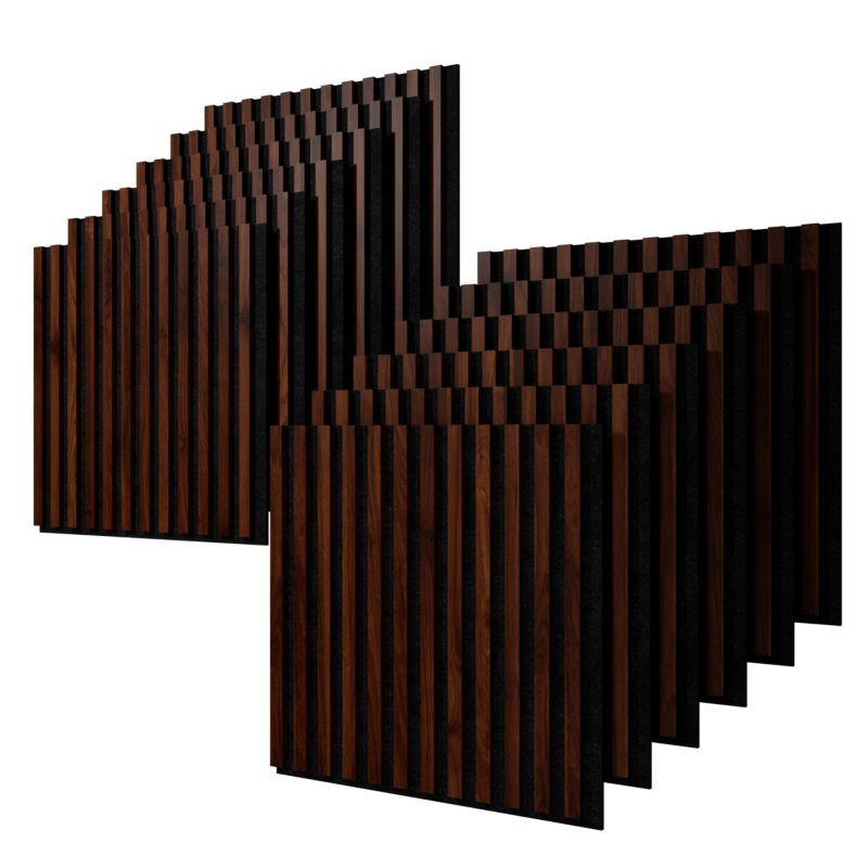 Lamele ścienne na czarnym filcu Stegu, ciemny orzech hazelnut panele akustyczne 60x60,5cm 12 szt.