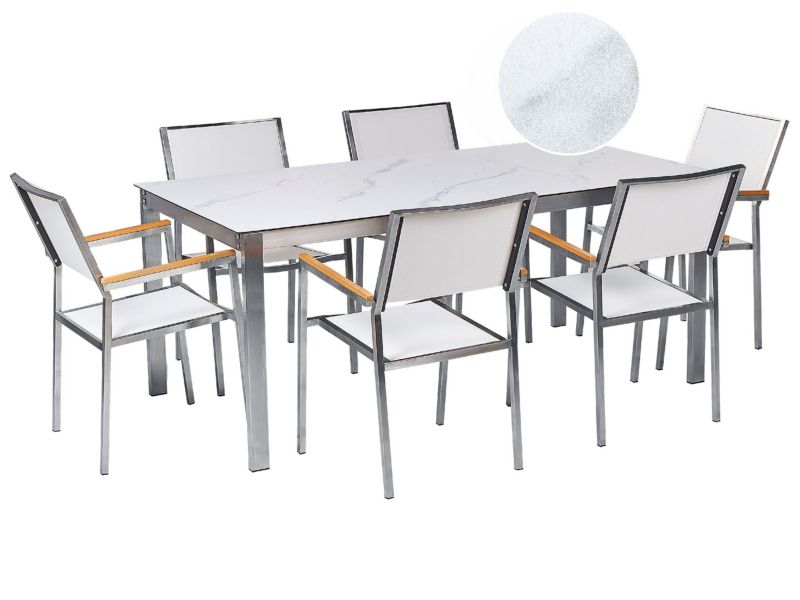 dla 6 osób Stół ogrodowy z krzesłami Cosoleto/grosseto Szkło hartowane Biały marmur 1 kpl