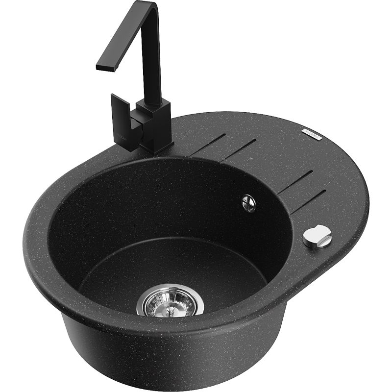 Zlewozmywak granitowy 1-komorowy Mexen Kevin z ociekaczem i baterią Rita czarny/srebrny metalik - 6517-73-670300-70-B 1 szt.