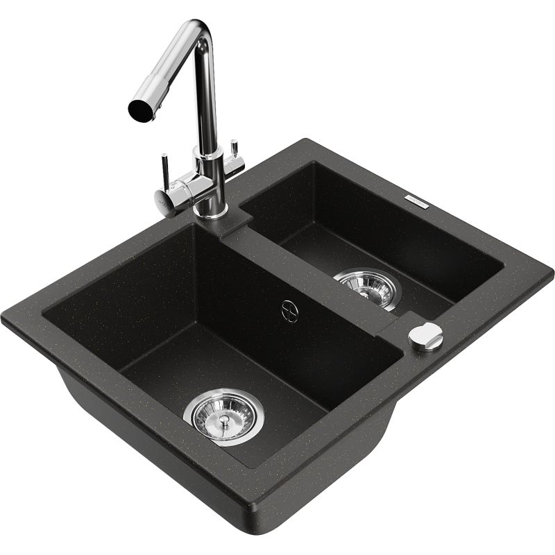 Zlewozmywak granitowy 1.5-komorowy Mexen Carlos z baterią kuchenną Duero czarny/złoty metalik 6518-75-671600-00