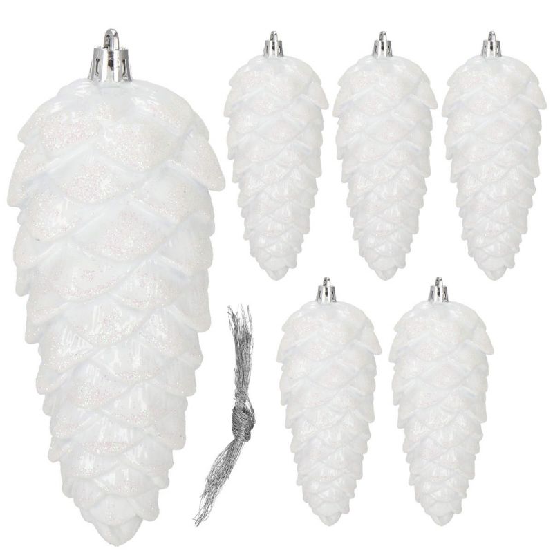 Zawieszki świąteczne szyszki Springos ozdoby choinkowe 14 cm bombki biały brokat 6 szt.