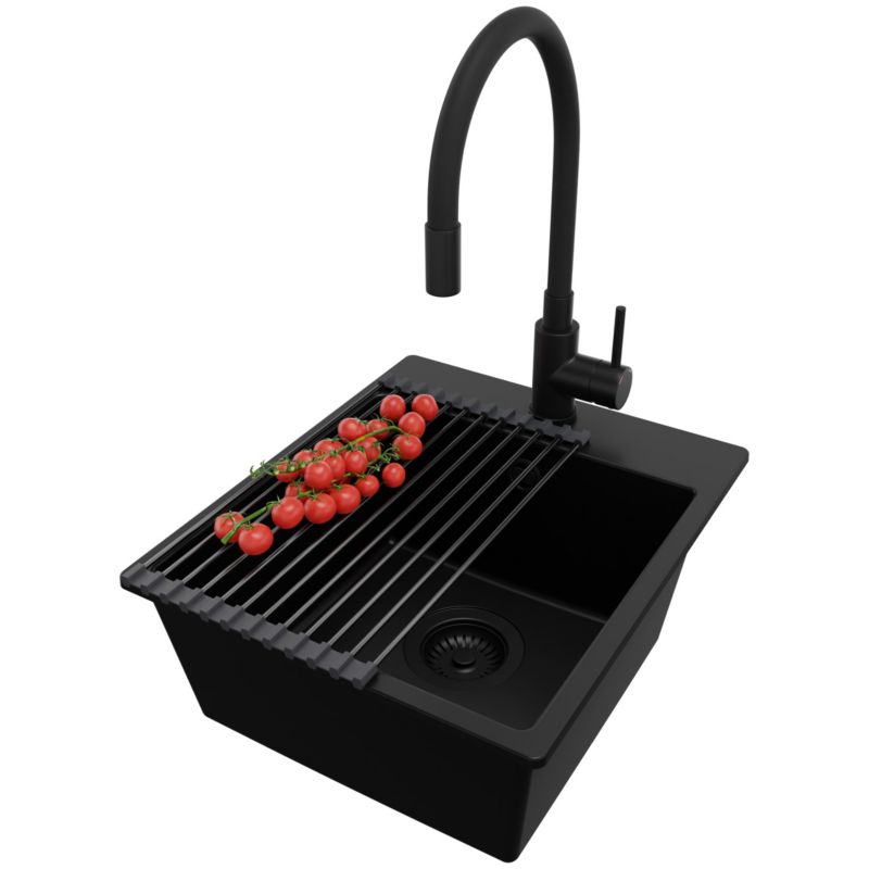 Zlewozmywak Granitowy Ryga Easy PRIMAGRAN Nablatowy 38x44cm do szafki od 40cm z Syfonem i Baterią i Dodatkiem Cały Czarny 1 szt.