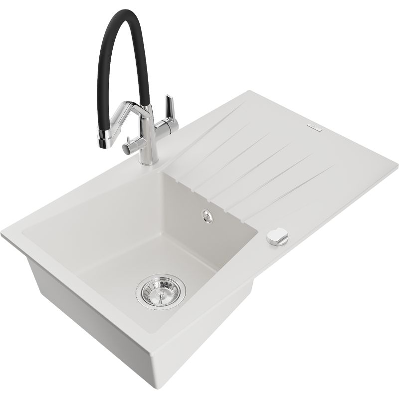 Zlewozmywak granitowy 1-komorowy Mexen Cesar z ociekaczem i baterią kuchenną Duo biały 6514-20-671701-07