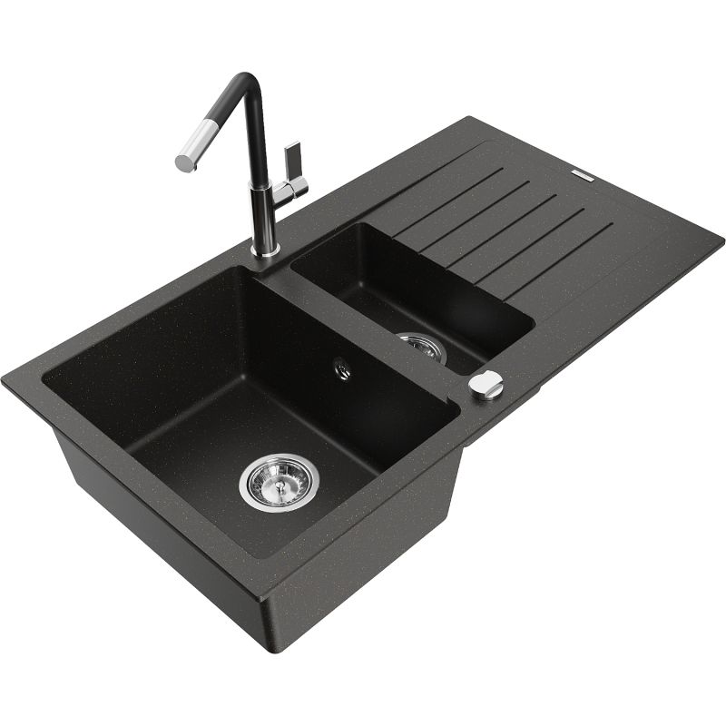 Zlewozmywak granitowy 1.5-komorowy Mexen Matias z ociekaczem i baterią kuchenną Flora szary - 6502-71-670401-70-B 1 szt.