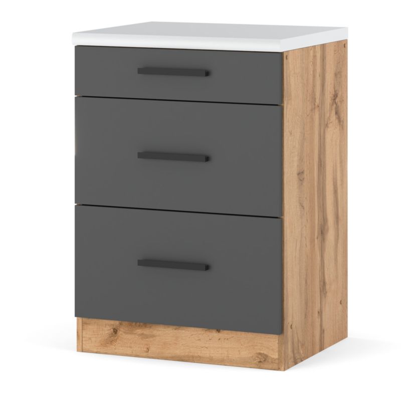 Szafka Kuchenna Hurtownia-Mebli Stojąca Z Szufladami Blanka dolna D60-3SZ 60cm Dąb Wotan Szary Mat 60x47x85 cm 1szt.