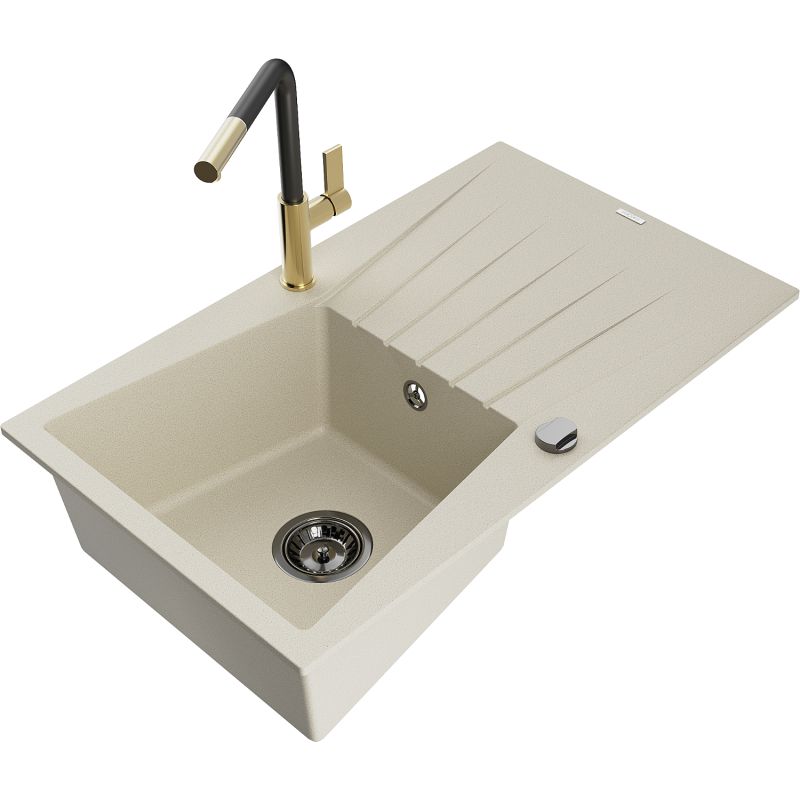 Zlewozmywak granitowy 1-komorowy Mexen Cesar z ociekaczem i baterią kuchenną Flora beżowy 6514-69-670401-57-B