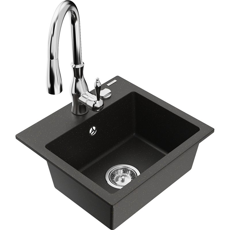 Zlewozmywak granitowy 1-komorowy Mexen Milo z baterią kuchenną Savita czarny/złoty metalik - 6505-75-672601-70 1 szt.