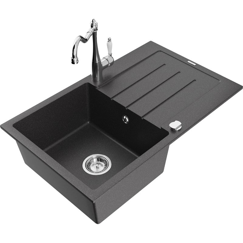 Zlewozmywak granitowy 1-komorowy Mexen Bruno z ociekaczem i baterią kuchenną Carla czarny nakrapiany 6513-76-670700-00