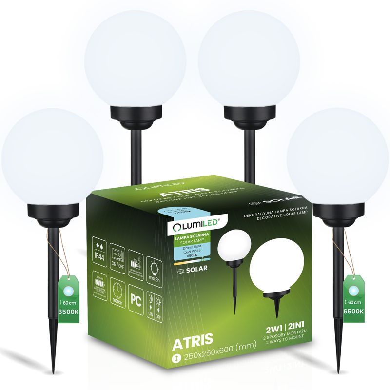 Lampa Solarna Lumiled Ogrodowa LED 6500K IP44 25cm Wbijana Naziemna Biała Kulka 4 szt.