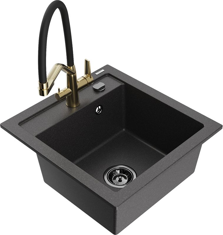 Zlewozmywak granitowy Mexen Vito 1-komorowy z baterią kuchenną Duo czarny 6503-76-671701-57-B