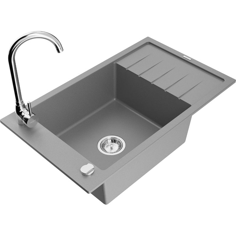 Zlewozmywak granitowy 1-komorowy Mexen Elias z ociekaczem i baterią kuchenną Telma szary 6511-71-670200-00
