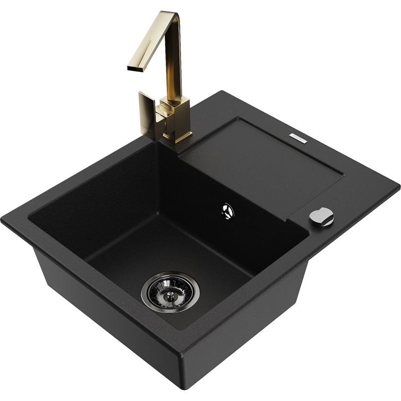 Zlewozmywak granitowy 1-komorowy Mexen Enzo z ociekaczem i baterią kuchenną Rita czarny nakrapiany - 6506-76-670300-70-B 1 szt.