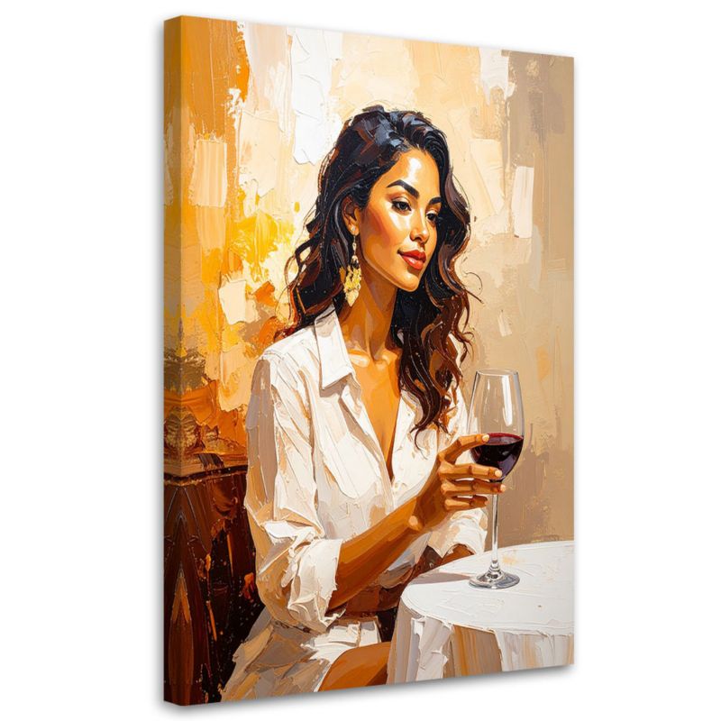 Obraz do salonu sypialni Feeby Kobieta z lampką wina przy stole 70x100cm 1szt