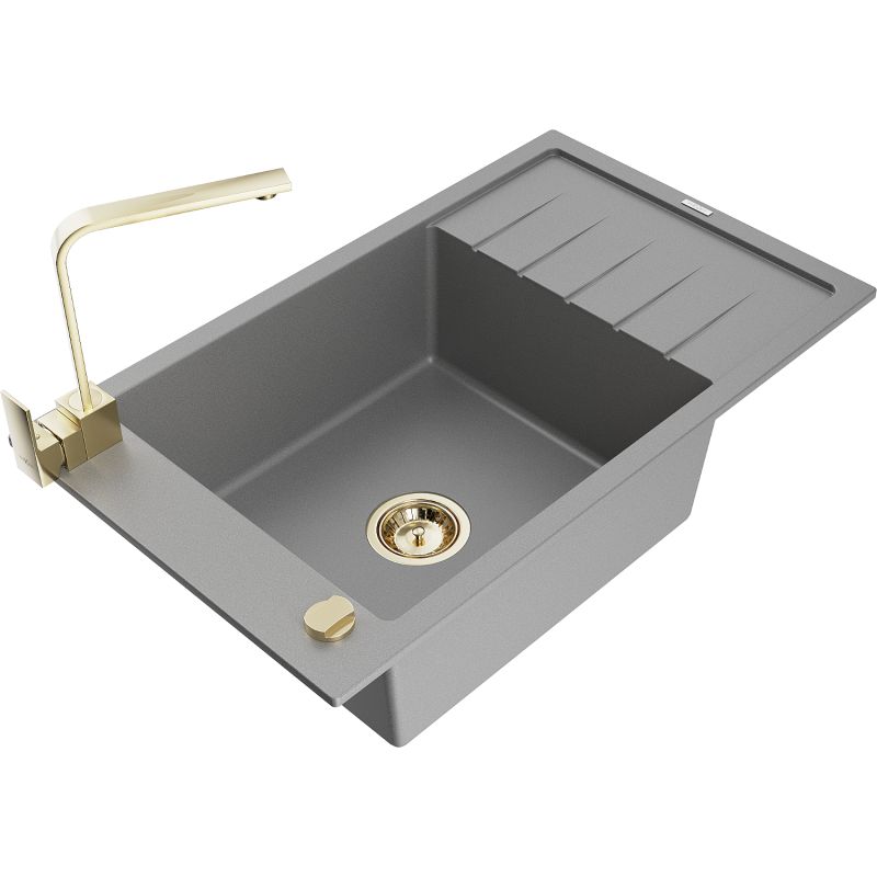 Zlewozmywak granitowy 1-komorowy Mexen Elias z ociekaczem i baterią kuchenną Rita szary 6511-71-670300-50