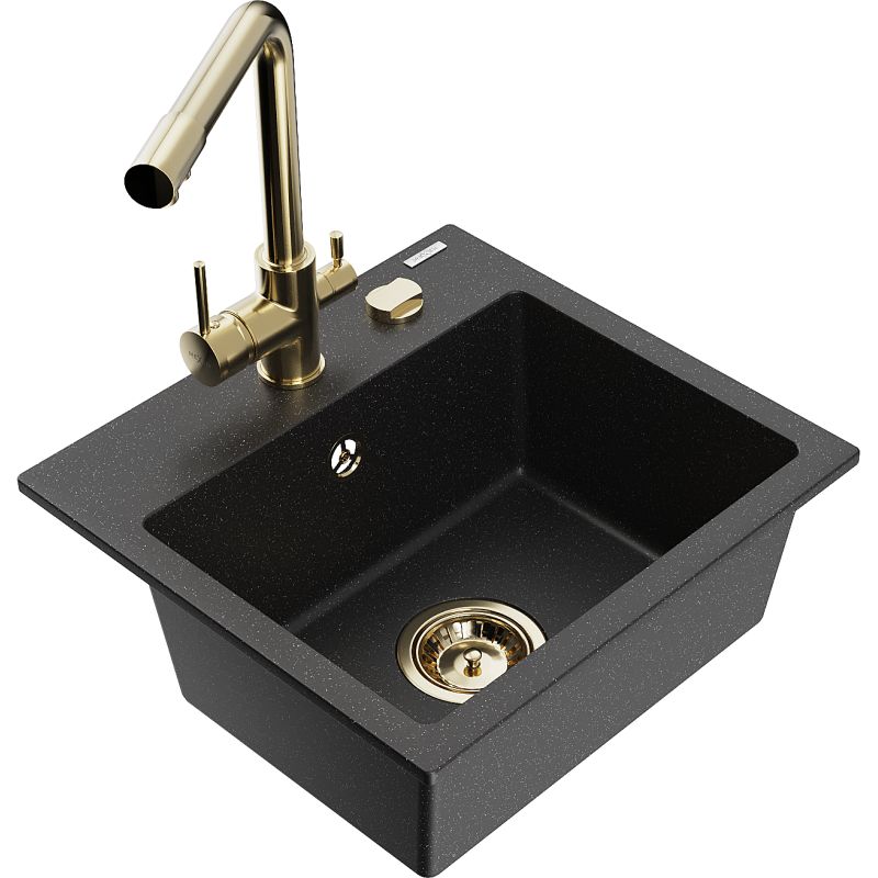 Zlewozmywak granitowy 1-komorowy Mexen Milo z baterią kuchenną Duero czarny/srebrny metalik 6505-73-671600-50