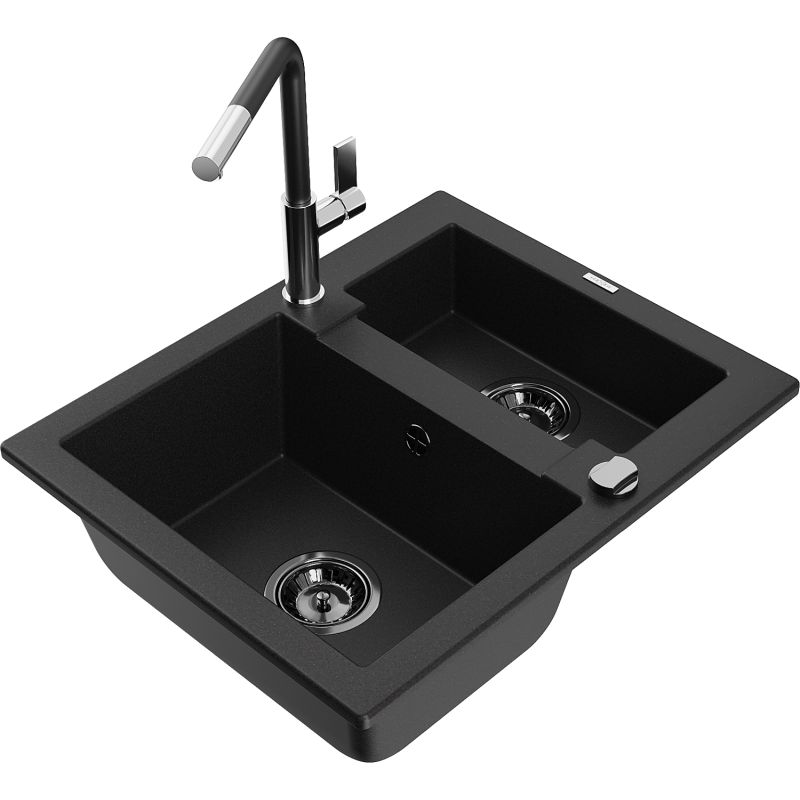 Zlewozmywak granitowy 1.5-komorowy Mexen Carlos z baterią kuchenną Flora czarny 6518-77-670401-07-B