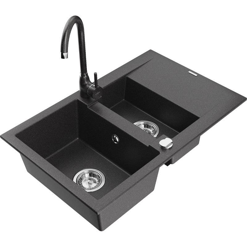 Zlewozmywak granitowy 1.5-komorowy Mexen Gaspar z ociekaczem i baterią Telma czarny nakrapiany - 6507-76-670200-70-B 1 szt.