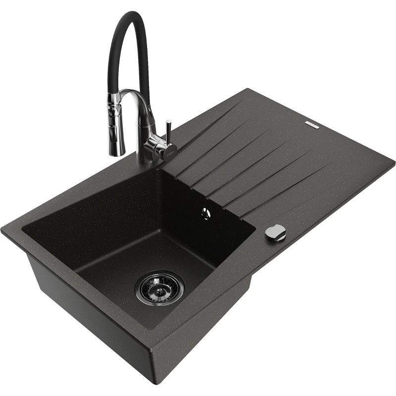 Zlewozmywak granitowy 1-komorowy Mexen Cesar z ociekaczem i baterią kuchenną Aster czarny/złoty metalik 6514-75-73450-07-B