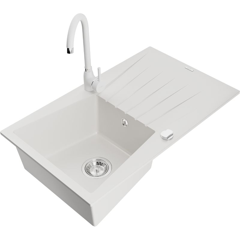 Zlewozmywak granitowy 1-komorowy Mexen Cesar z ociekaczem i baterią kuchenną Telma biały 6514-20-670200-20