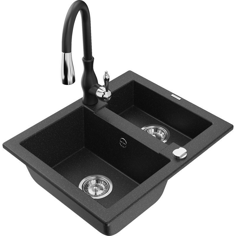 Zlewozmywak granitowy 1.5-komorowy Mexen Carlos z baterią kuchenną Savita czarny/srebrny metalik 6518-73-672601-70