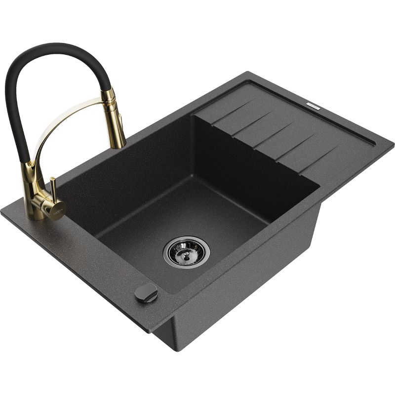 Zlewozmywak granitowy 1-komorowy Mexen Elias z ociekaczem i baterią Aster czarny/srebrny metalik - 6511-73-73450-70-B 1 szt.