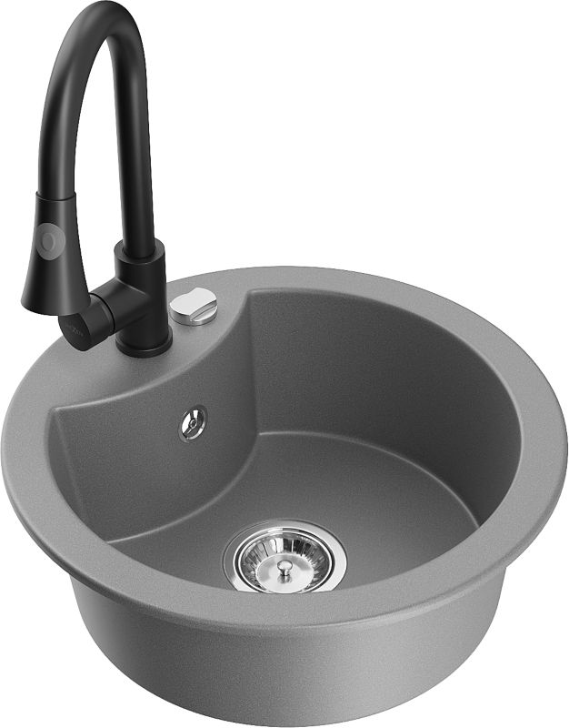 Zlewozmywak granitowy Mexen Diego 1-komorowy z baterią kuchenną Elia szary 6512-71-670101-70