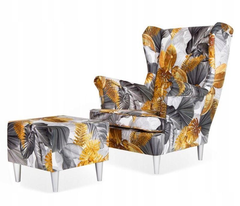 Fotel uszak do salonu z podnóżkiem Family Meble ARI PRINT liście 1szt
