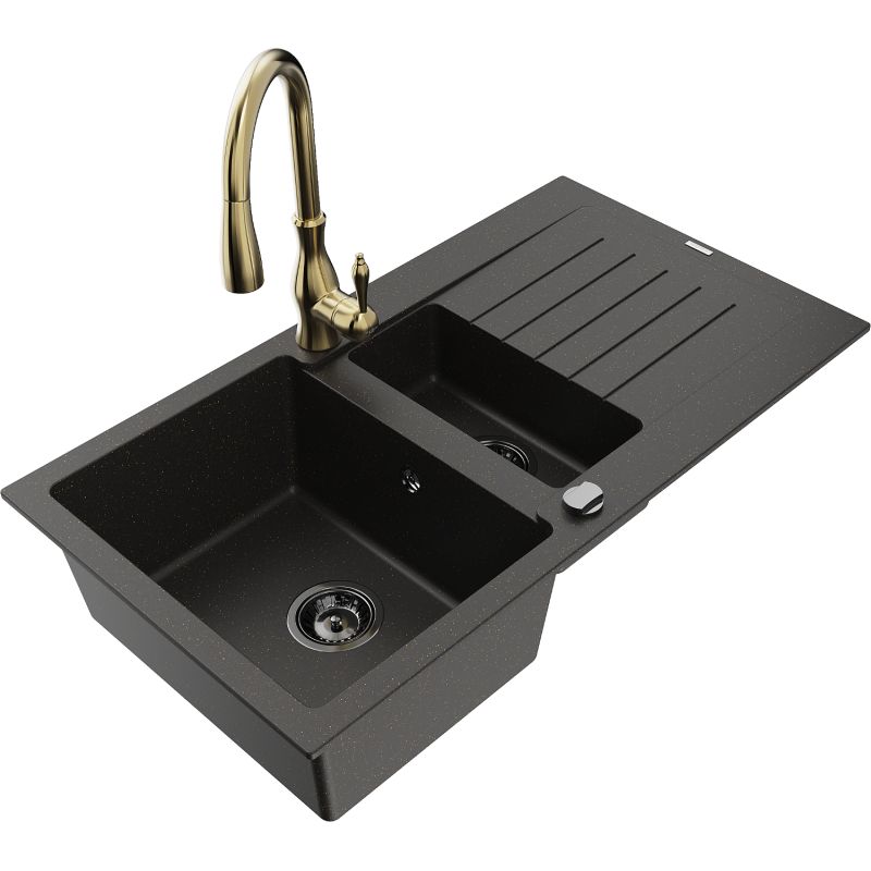 Zlewozmywak granitowy 1.5-komorowy Mexen Matias z ociekaczem i baterią kuchenną Savita czarny/złoty 6502-75-672601-50-B