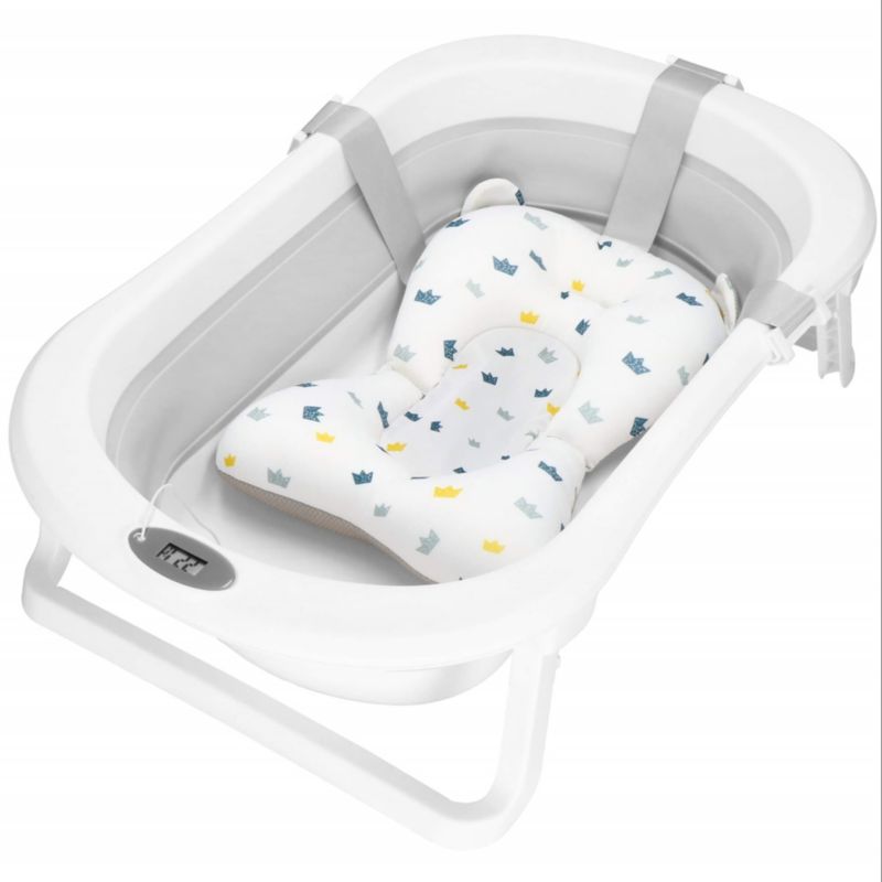 Wanienka dla niemowląt z korkiem i termometrem Springos silikonowa z poduszką 40 L przenośna, biało-szara 1 szt.
