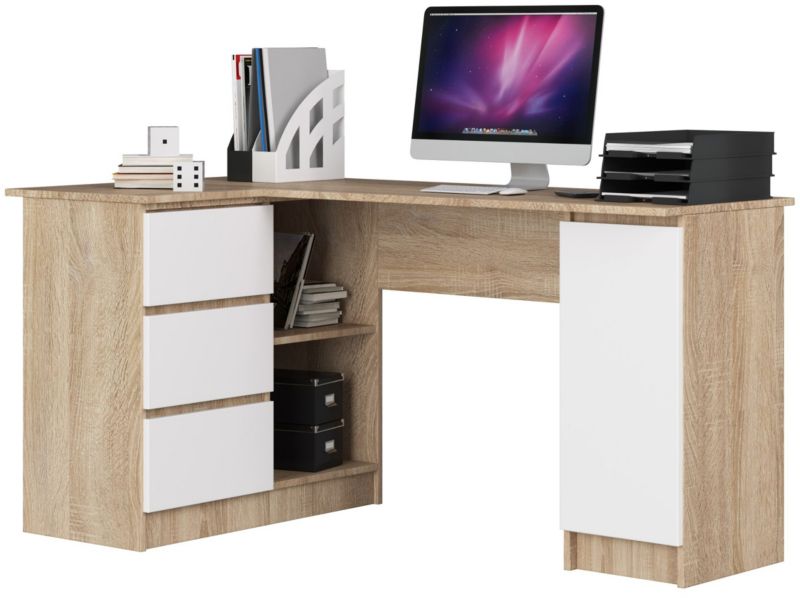 Biurko narożne Akord B20 Dąb Sonoma 155 cm lewe 1 drzwi 3 szuflady kolor Biały mat 4 półki 155x85x77 cm 1 szt.