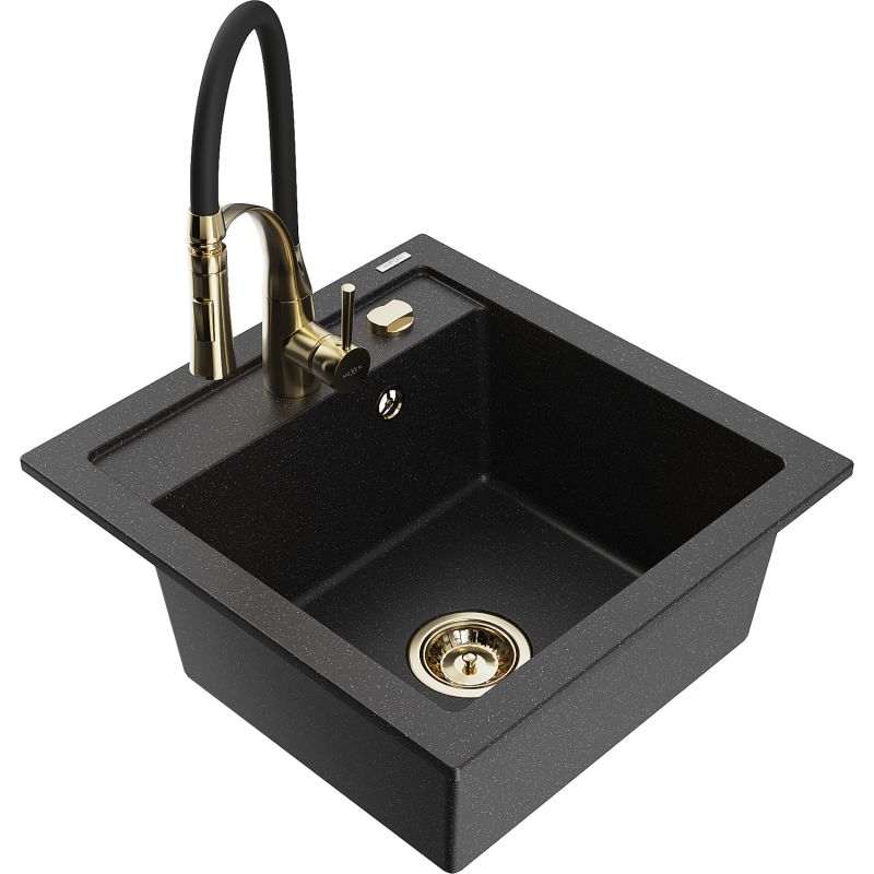 Zlewozmywak granitowy 1-komorowy Mexen Vito z baterią kuchenną Aster czarny/srebrny metalik 6503-73-73450-57-G