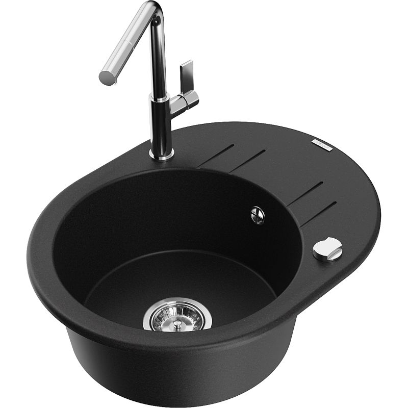 Zlewozmywak granitowy 1-komorowy Mexen Kevin z ociekaczem i baterią kuchenną Flora czarny - 6517-77-670401-07 1 szt.