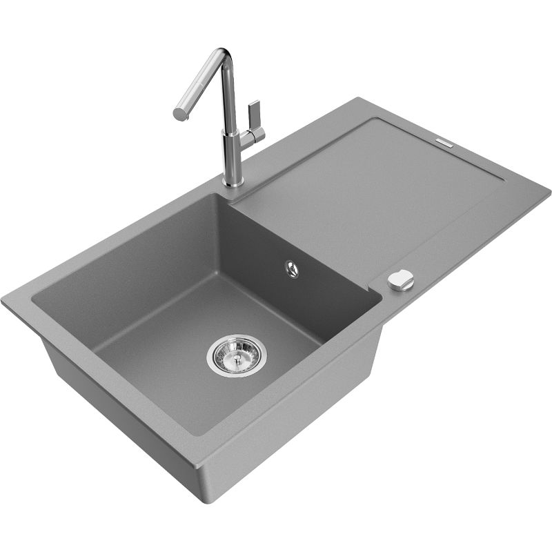 Zlewozmywak granitowy 1-komorowy Mexen Leo z ociekaczem i baterią kuchenną Flora szary 6501-71-670401-00