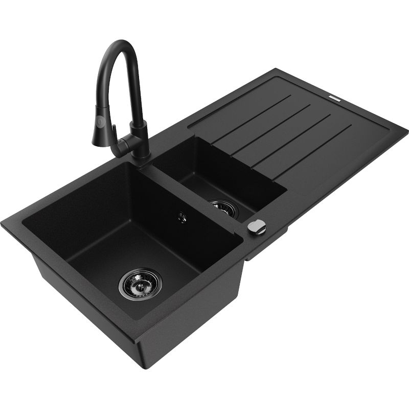 Zlewozmywak granitowy 1.5-komorowy Mexen Andres z ociekaczem i baterią kuchenną Elia czarny - 6515-77-670101-70 1 szt.