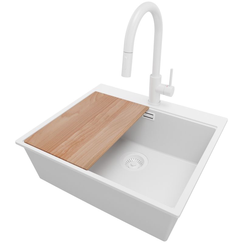 Zlewozmywak Granitowy Oslo PRIMAGRAN Nablatowy 58x50cm do szafki od 60cm, Cały Biały + Bateria + Syfon + Deska, 1 szt.