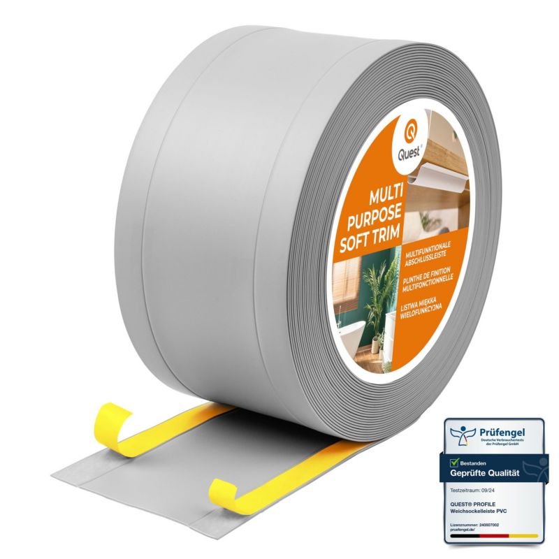 Listwa wykończeniowa W1 z PCV 6w1 75mm, QUEST samoprzylepna, maskująca elastyczna listwa podłogowa, ścienna, szary, 5m