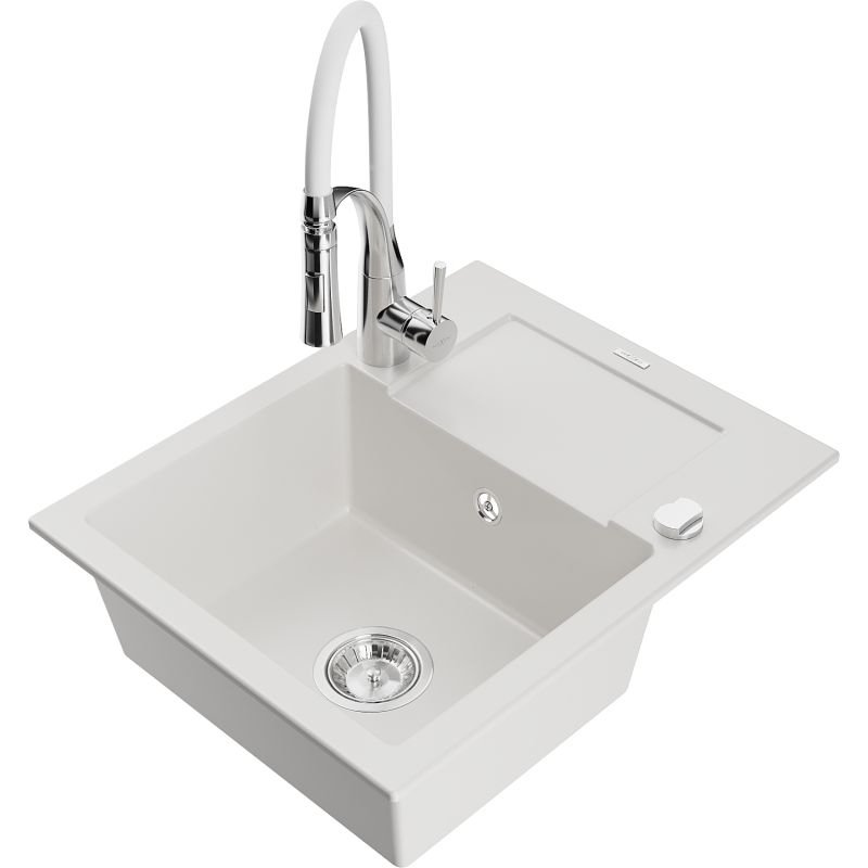 Zlewozmywak granitowy 1-komorowy Mexen Enzo z ociekaczem i baterią kuchenną Aster biały 6506-20-73450-02
