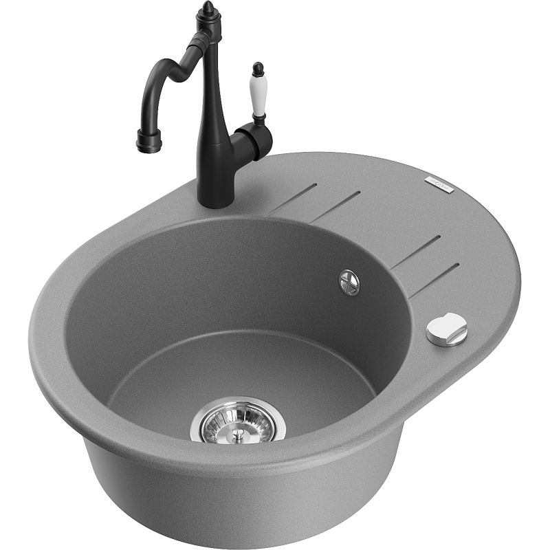 Zlewozmywak granitowy 1-komorowy Mexen Kevin z ociekaczem i baterią kuchenną Carla szary 6517-71-670700-70