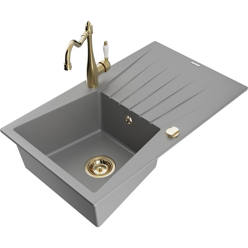 Zlewozmywak granitowy 1-komorowy Mexen Cesar z ociekaczem i baterią kuchenną Duero beżowy - 6514-69-671600-70 1 szt.