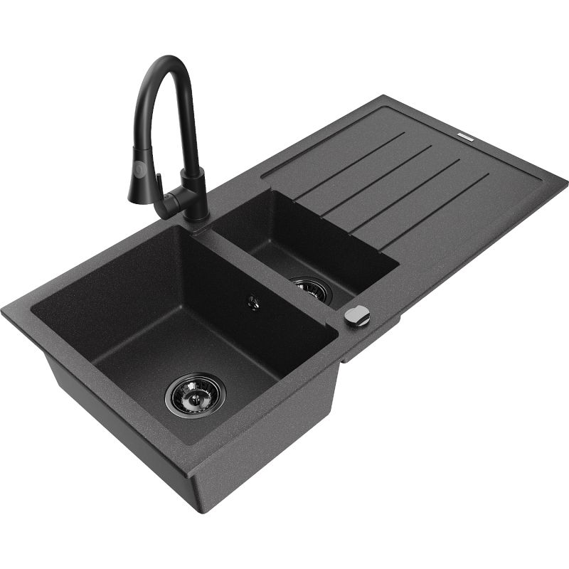 Zlewozmywak granitowy 1.5-komorowy Mexen Andres z ociekaczem i baterią kuchenną Elia czarny nakrapiany 6515-76-670101-70-B