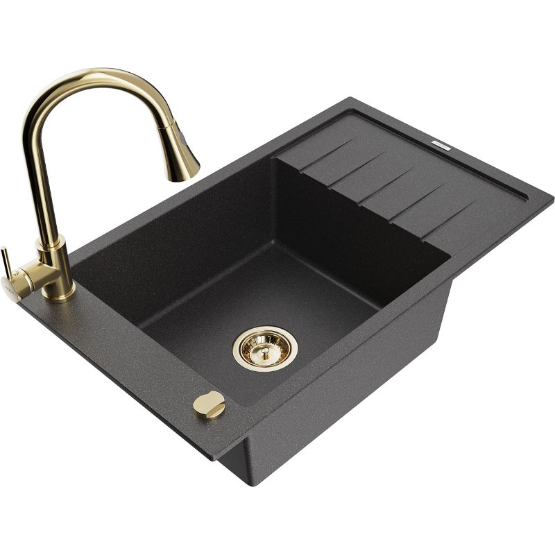 Zlewozmywak granitowy 1-komorowy Mexen Elias z ociekaczem i baterią kuchenną Elia czarny nakrapiany - 6511-76-670101-70 1 szt.