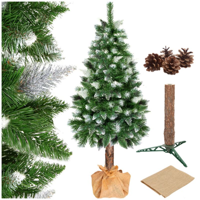 Sztuczna choinka na pniu Springos 220 cm ośnieżona sosna diamentowa ze stojakiem i jutą 1 szt.