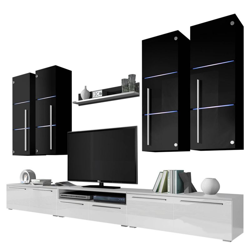 Meblościanka z oświetleniem LED MIRJAN 24 Bari biały/biały połysk + czarny/czarny połysk 1 kpl.