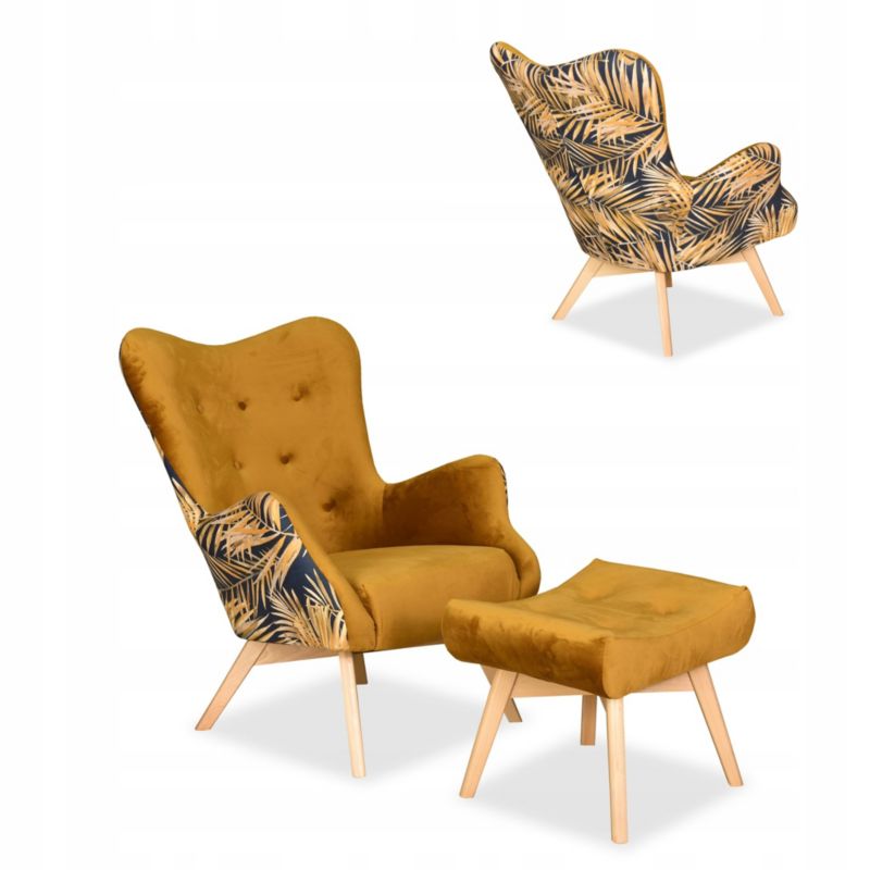 Fotel uszak do salonu z podnóżkiem Family Meble Luna Print Duo złoty 1szt