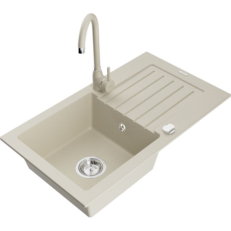 Zlewozmywak granitowy 1-komorowy Mexen Pablo z ociekaczem i baterią kuchenną Telma biały - 6510-20-670200-50 1 szt.