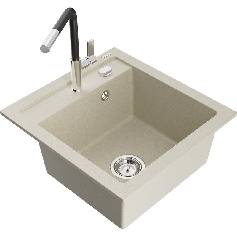 Zlewozmywak granitowy 1-komorowy Mexen Vito z baterią kuchenną Flora beżowy 6503-69-670401-07