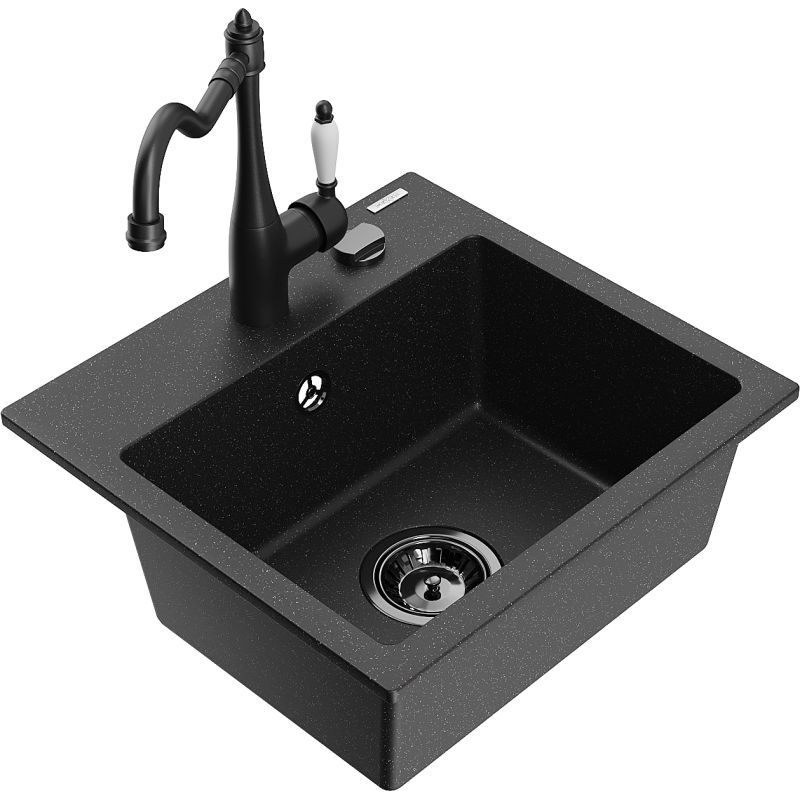 Zlewozmywak granitowy 1-komorowy Mexen Milo z baterią kuchenną Carla czarny/srebrny metalik 6505-73-670700-70-B