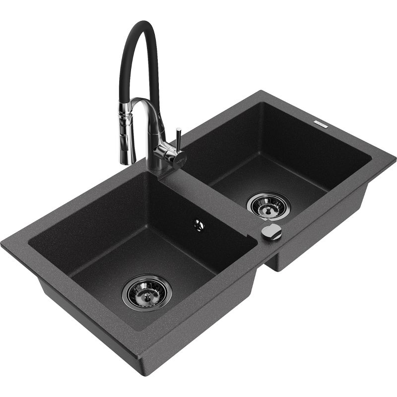 Zlewozmywak granitowy 2-komorowy Mexen Mario z baterią kuchenną Aster czarny nakrapiany 6504-76-73450-07-B