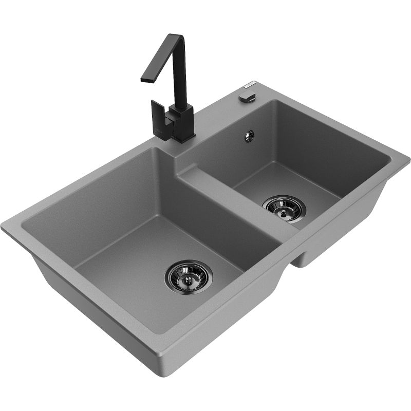 Zlewozmywak granitowy 2-komorowy Mexen Tomas z baterią kuchenną Rita szary - 6516-71-670300-71 1 szt.